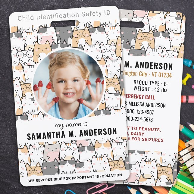 Cute Cats Custom Modern Photo Child Identification ID Badge (Creator Uploaded)