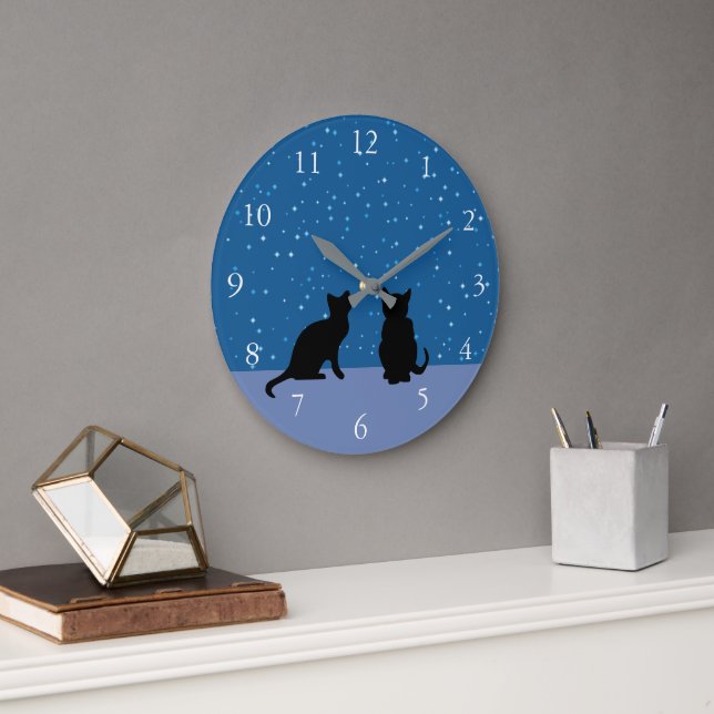 Cute cats dark night sky with stars large clock (Office)