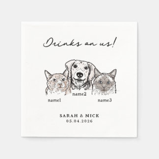 Cute Cats Dog Drinks On Us Pet Wedding Napkin