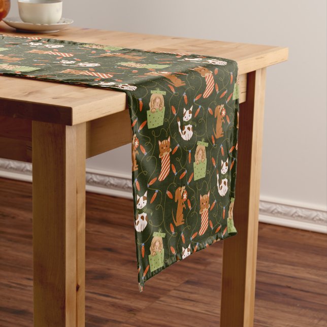 Cute Cats Dogs Holiday Christmas Lights Green Medium Table Runner (In Situ)