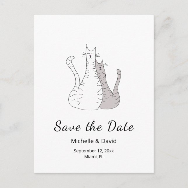 Cute Cats Drawing Simple Wedding Save the Date Announcement Postcard (Front)