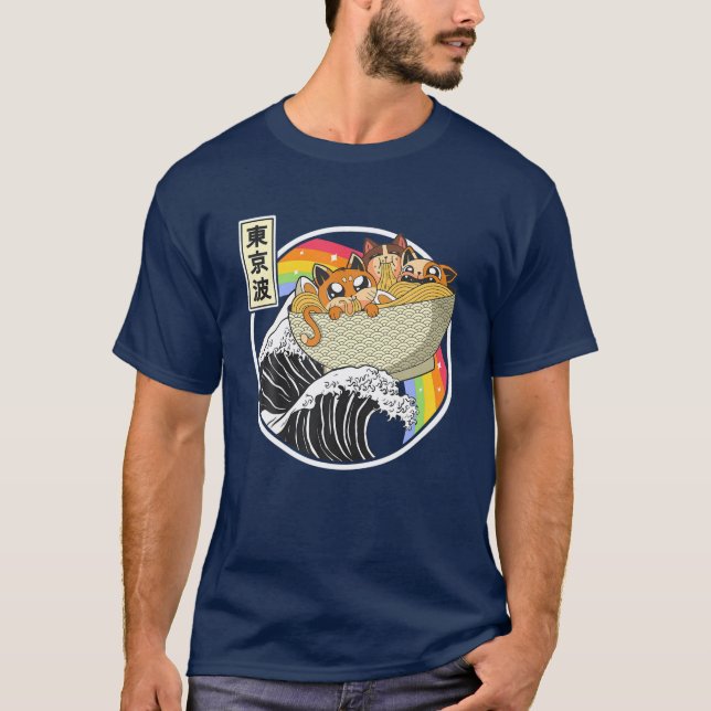Cute Cats Eating Ramen Kanagawa Wave Rainbow Kawai T-Shirt (Front)