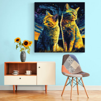 Cute Cats Enjoying The Dawn Against a Starry Sky - Canvas Print
