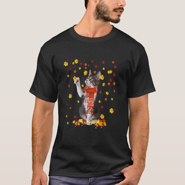 Cute Cats Fall Autumn Leaf Tree  Cat T-Shirt (Front)