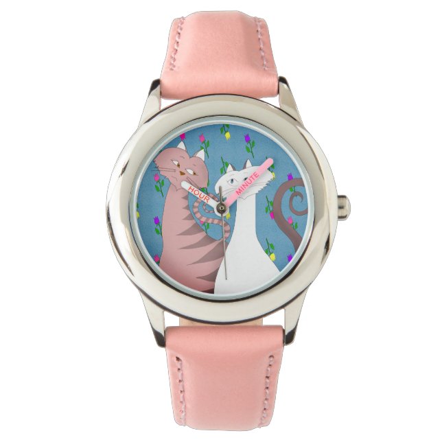 Cute Cats Floral Background Girl's Pink Watch (Front)
