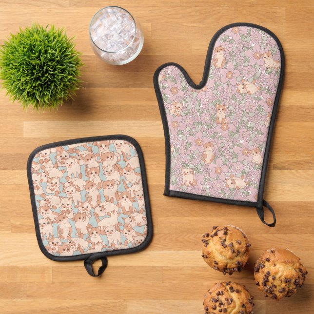 Cute Cats & Floral  Oven Mitt & Pot Holder Set (Top Down)
