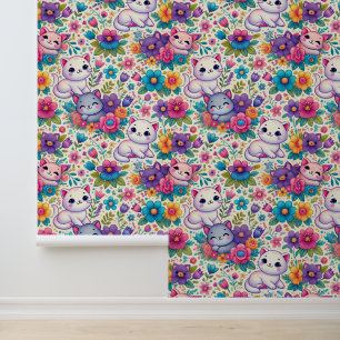 Cute Cats & Floral Pattern Wallpaper