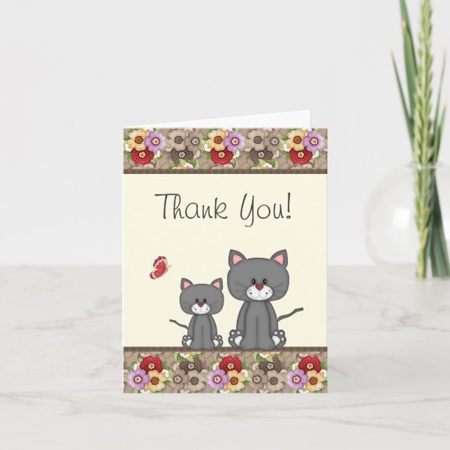 Cute Cats, Flowers and Butterfly Thank You Card (Front)