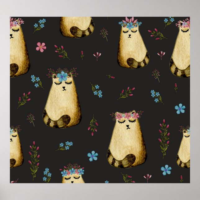 Cute Cats Flowers Watercolor Pattern Poster (Front)