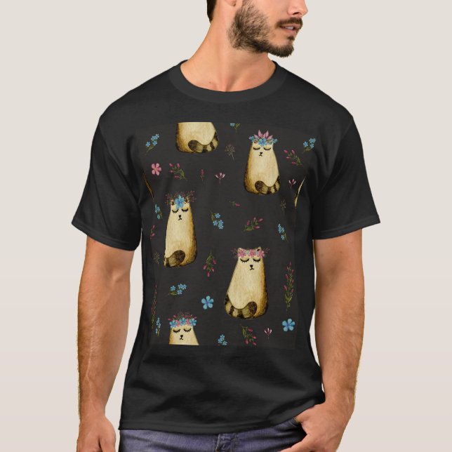 Cute Cats Flowers Watercolor Pattern T-Shirt (Front)