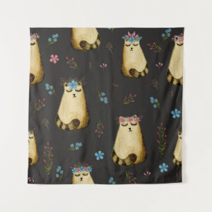 Cute Cats Flowers Watercolor Pattern Tapestry