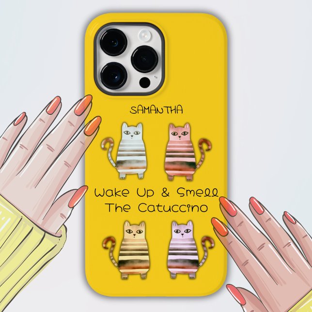 cute cats for cat lovers and coffee lovers Case-Mate iPhone case (Cute Cats for Cat Lovers & Coffee Lovers Iphone Case in Bright Yellow (comes in other colors). Miao!)