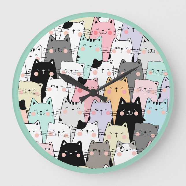 Cute Cats,Funny Cats, Cartoon Cats Pattern Watch Large Clock (Front)