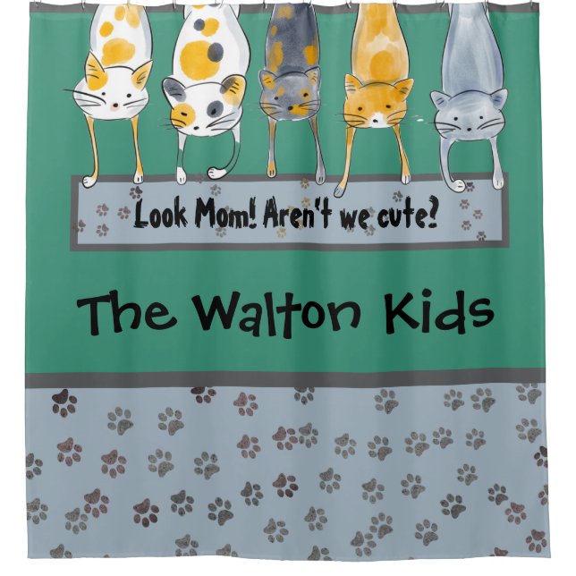 Cute Cats Hanging Over the Edge Paw Prints Green Shower Curtain (Front)