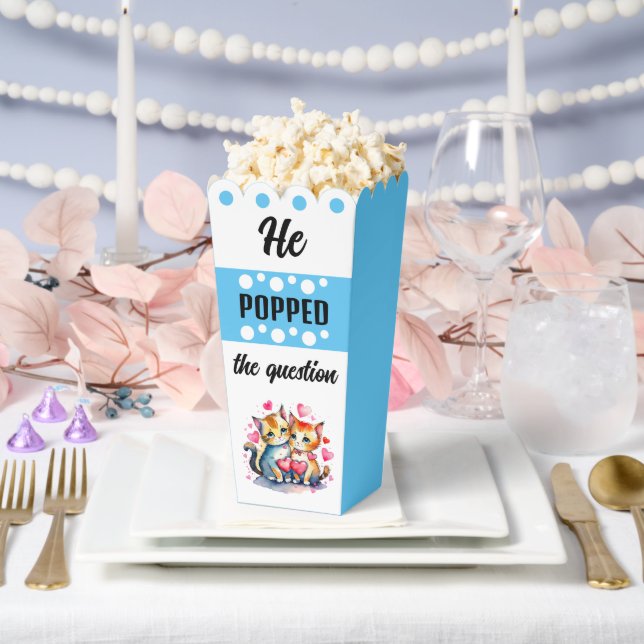 Cute cats he popped the question blue popcorn favour box (Wedding)