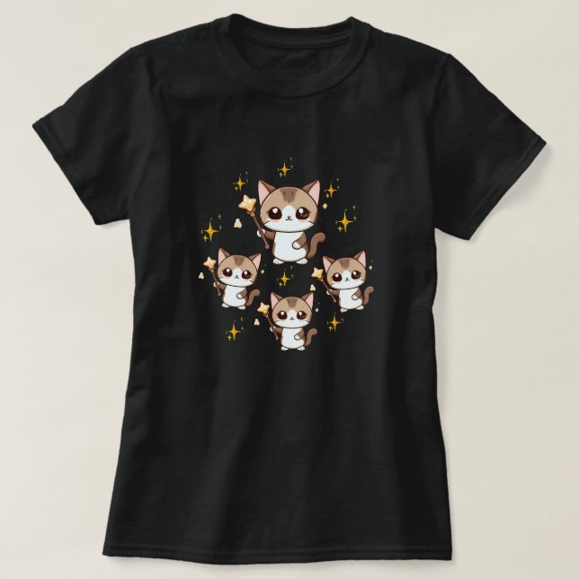 Cute Cats Holding Magic Wand Stars T-Shirt (Design Front)