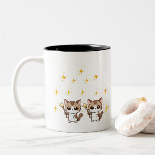 Cute Cats Holding Magic Wand Stars Two-Tone Coffee Mug