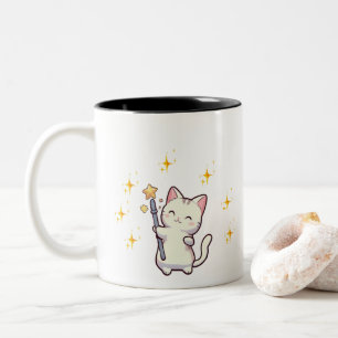 Cute Cats Holding Magic Wand Stars Two-Tone Coffee Mug