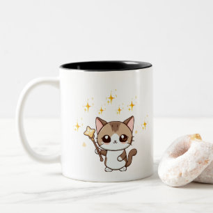 Cute Cats Holding Magic Wand Stars Two-Tone Coffee Mug