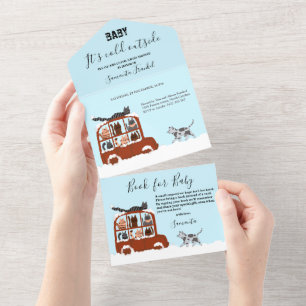 Cute Cats in car Winter Cold Baby Shower All In One Invitation