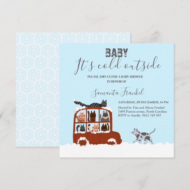 Cute Cats in car Winter Cold Baby Shower  Invitation (Front/Back)