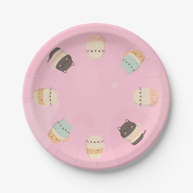 Cute cats in cups on pink background paper plate (Front)