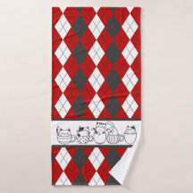 Cute Cats In Cups -Red, White & Dark Grey Argyle