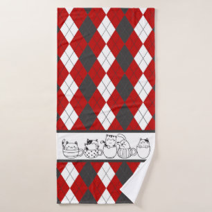 Cute Cats In Cups -Red, White & Dark Grey Argyle Bath Towel Set