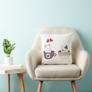 Cute Cats in Cups with Heart Balloons Cushion