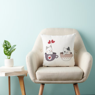 Cute Cats in Cups with Heart Balloons Cushion