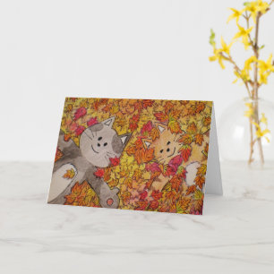 Cute Cats in Fall Leaves, Halloween, Thanksgiving Card