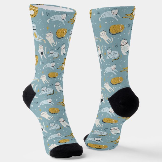 Cute cats in silly space suits children's pattern socks (Angled)
