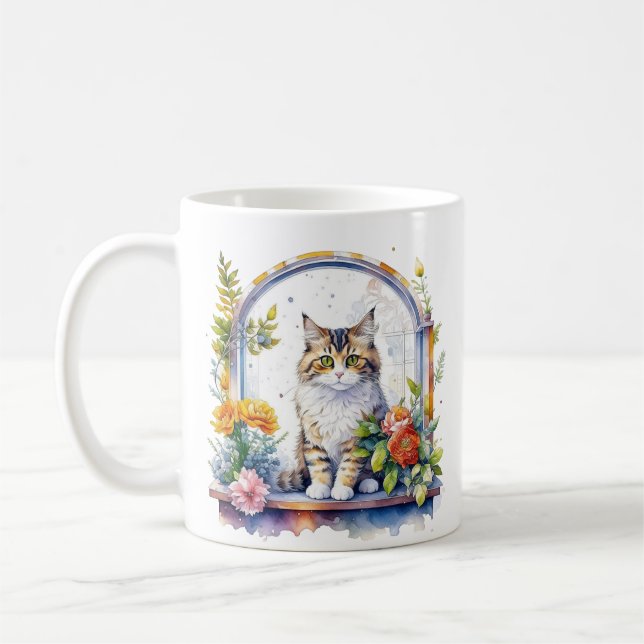 Cute Cats in Window of Flowers  Coffee Mug (Left)