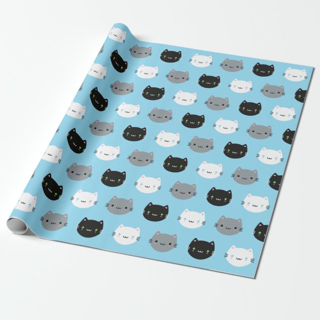 Cute Cats & Kawaii Kittens (Blue) Wrapping Paper (Unrolled)