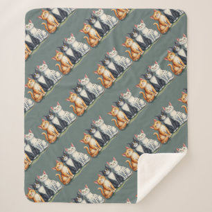Cute Cats Kittens Looking Happy Grey Green Sherpa Blanket