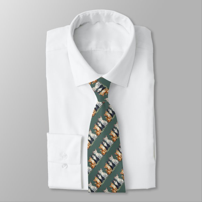 Cute Cats Kittens Looking Happy Grey Green Tie (Tied)