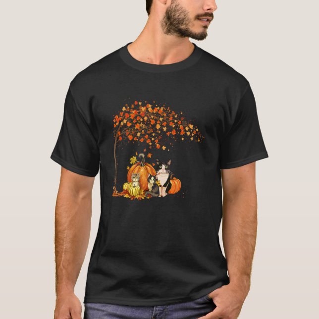 Cute Cats Leaf Fall Tree Hello Autumn Thanksgiving T-Shirt (Front)