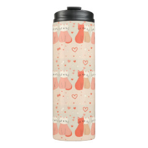 Cute Cats Love Valentine Hearts Pattern Coral Pink Thermal Tumbler