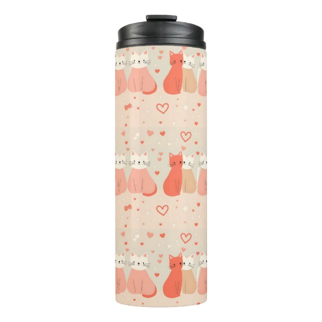 Cute Cats Love Valentine Hearts Pattern Coral Pink Thermal Tumbler (Front)