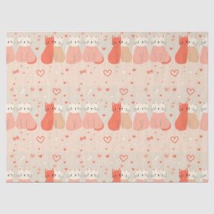 Cute Cats Love Valentine Hearts Pattern Coral Pink Tissue Paper