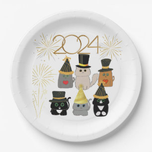 Cute Cats New Years Celebration  Paper Plate