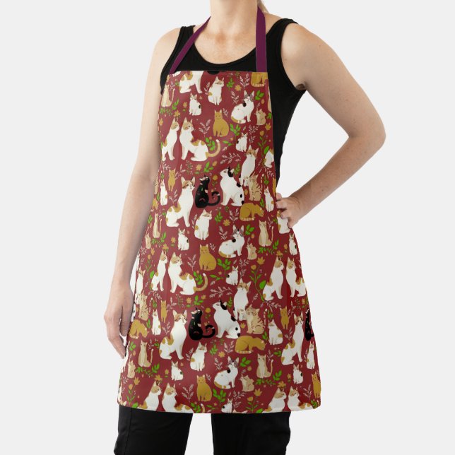 Cute Cats on a Burgundy Background Apron (Insitu)