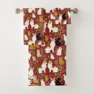 Cute Cats on a Burgundy Background Bath Towel Set