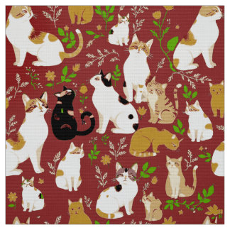 Cute Cats on a Burgundy Background Fabric
