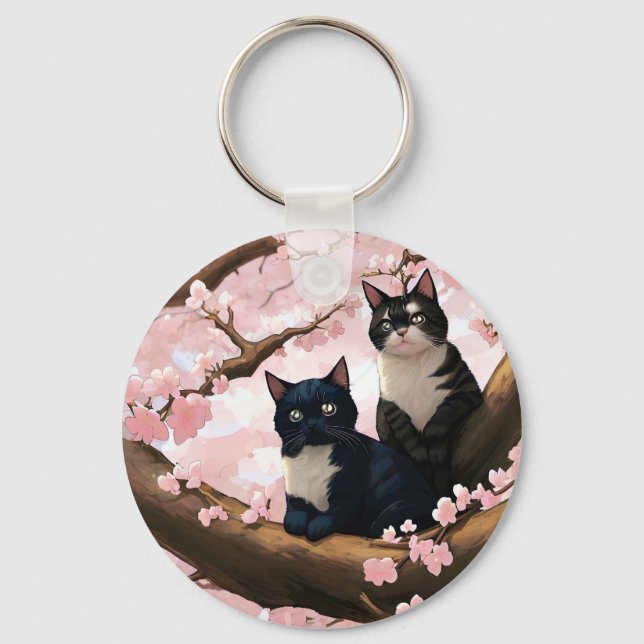 Cute Cats On A Cherry Blossom Tree Key Ring (Front)