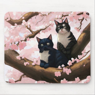 Cute Cats On A Cherry Blossom Tree Mouse Mat