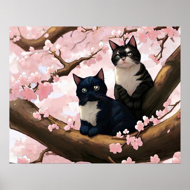 Cute Cats On A Cherry Blossom Tree Poster (Front)