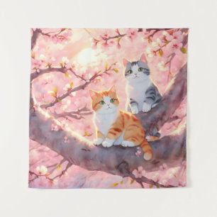 Cute Cats On A Cherry Blossom Tree Tapestry