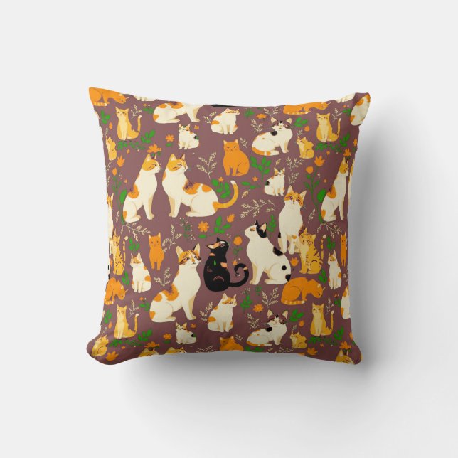 Cute Cats on a Coffee Brown Background Cushion (Front)