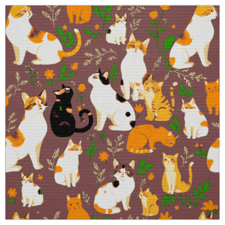 Cute Cats on a Coffee Brown Background Fabric